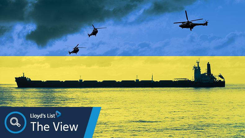 Bulk cargo ship and military helicopters overlayed with flag of Ukraine