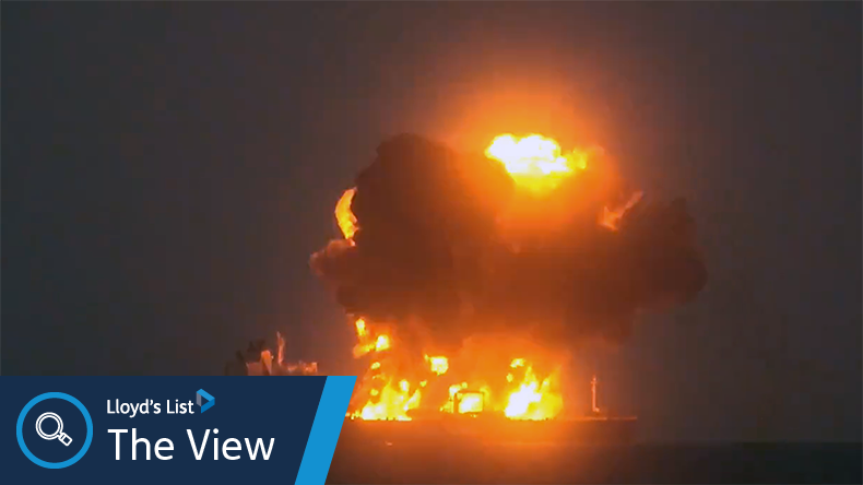 Explosion and fire on the oil tanker Sounion at night
