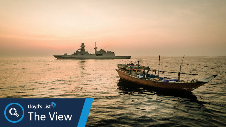 Approaching a suspect piracy vessel, EU Naval Force, Operation Atalanta near Somalia