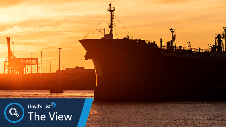 An image of an oil tanker at sunset