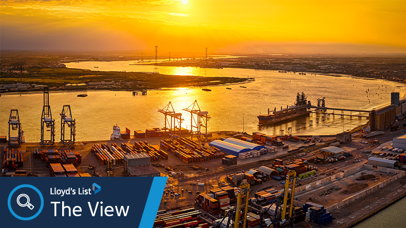 Port of London, highlighting industrial activity, cranes, and shipping containers