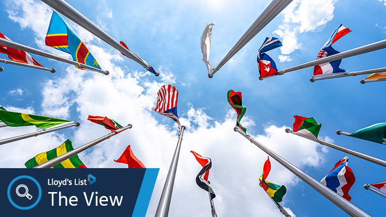 Many world flags with blue sky