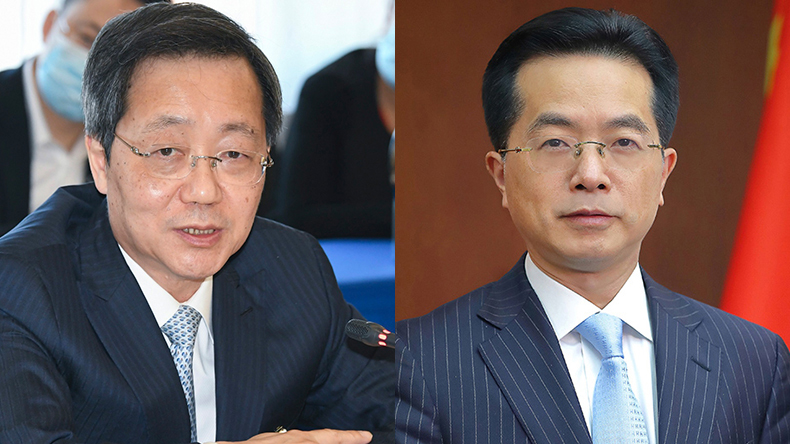 Xu Lirong, chairman, China Cosco Shipping Corp, left; and Miao Jianmin, chairman, China Merchants Group