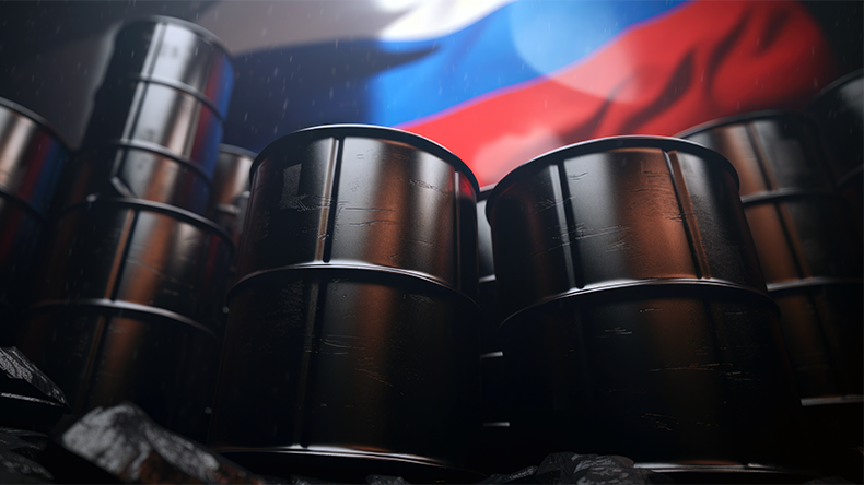 Russian flag behind black oil drums