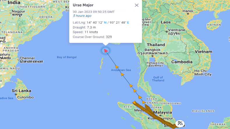 Map of Ursa Major ship returning to Bay of Bengal on January 30, 2023