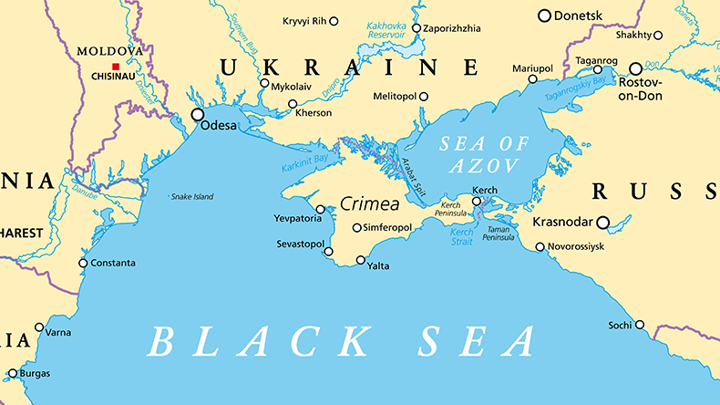 Black Sea region, political map with Crimea, Sea of Azov, Sea of Marmara, Bosporus, Dardanelles and Kerch Strait