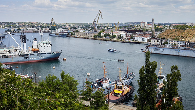 South Bay of Sevastopol with vessels and cranes in 2018