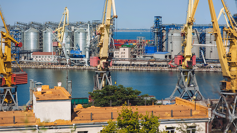 Seaport infrastructure in Odesa, Ukraine. Cargo cranes, containers, terminals and port warehouses