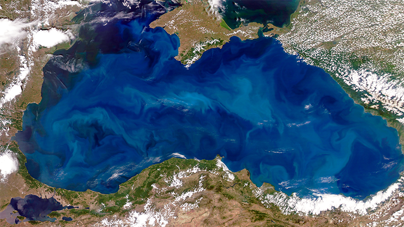 Phytoplankton blooms in the Black Sea, aerial view of Istanbul, Bosporus, Turkey, Crimea, Ukraine, Russia, Satellite
