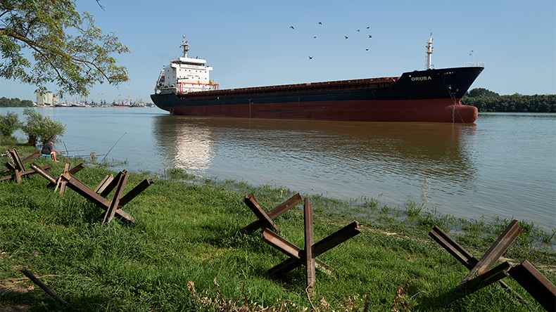  A large boat travels along the Danube on August 20, 2023 in Izmail, Ukraine