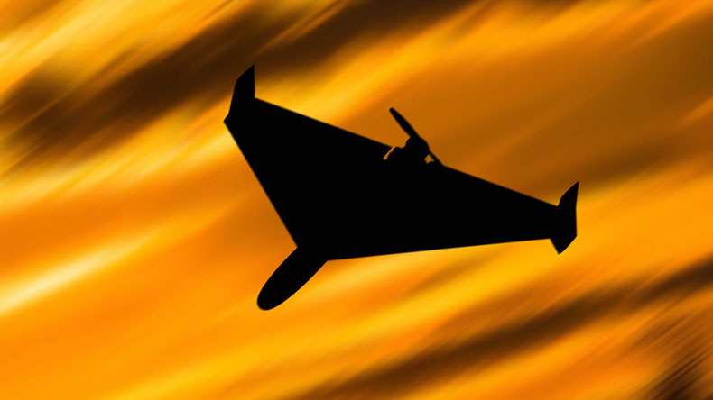 Iranian kamikaze drone Shahed-136 (Geran-2) at sunset, the type used by Russia in bombing Ukraine