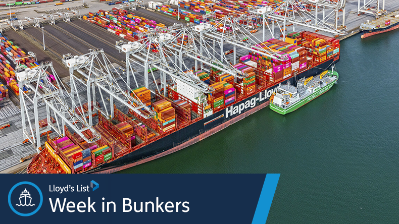 Hapag-Lloyd vessel at port with a LNG bunker ship