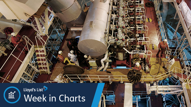 Engine room of a large ship with crew working