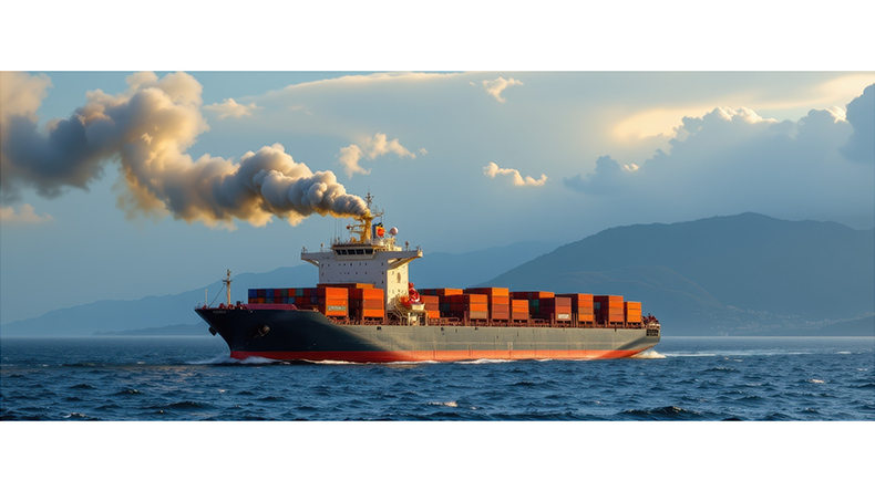 Ship at sea with white smoke coming from funnel against a blue sky