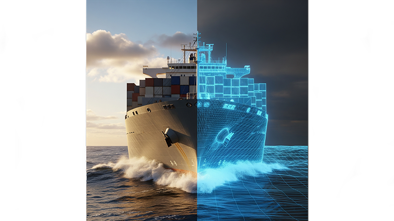 Digital twin image of a ship at sea
