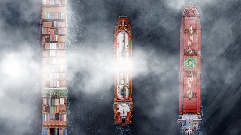 Aerial view of three ships at sea